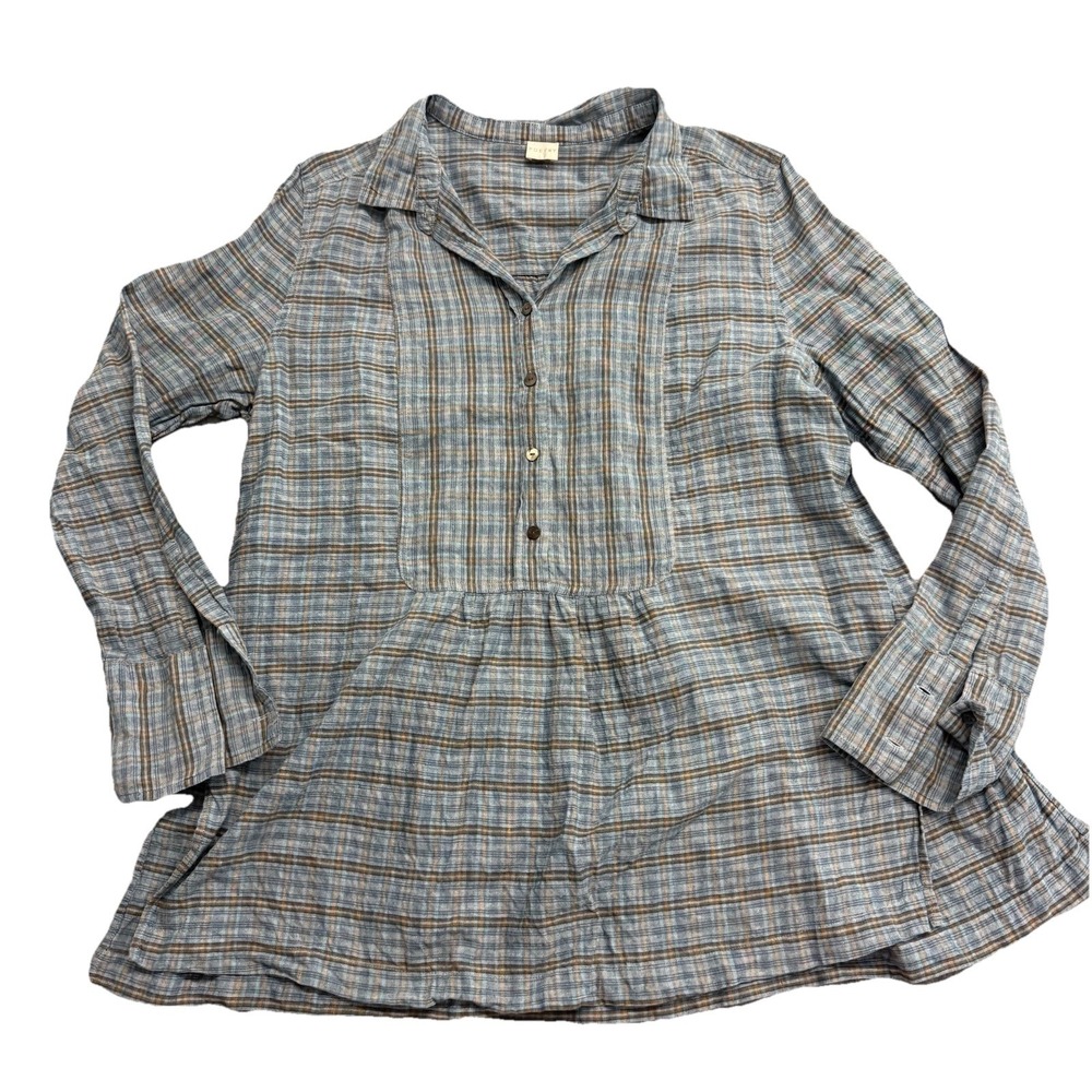 Poetry Womens 14 Hemp Organic Cotton Long Sleeve Blue Plaid Tunis READ**